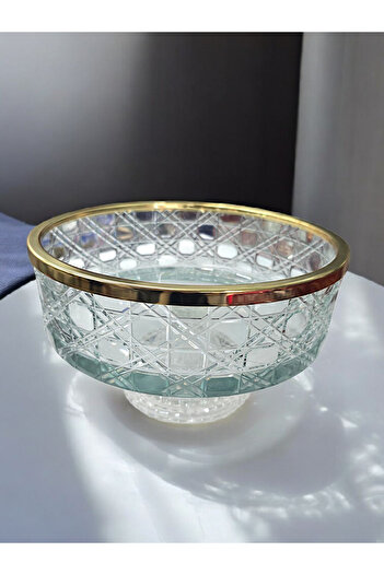 AYZ HOME Pirinç Gold Kenarlı Kesme Kristal Cam Salata / Sunum Kasesi 25x25cm