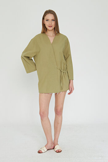 SevdeUgur Women's Khaki Green Laced Kimono / Sevde Ugur