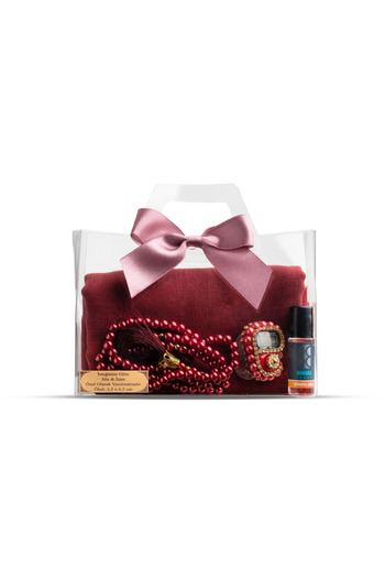 Hayrat Neşriyat Tesbih + Scarf + Zikirmatik + Essence Gift Set (Acetate Box with Bag, Claret Red)