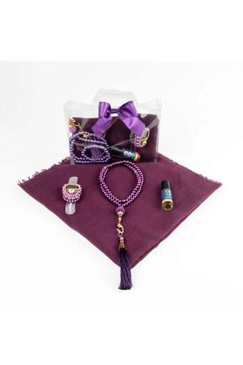 Hayrat Neşriyat Tasbih + Scarf + Zikirmatik + Essence Gift Set (Acetate Box with Bag, Purple)