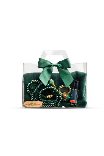 Hayrat Neşriyat Tasbih + Scarf + Zikirmatik + Essence Gift Set (Acetate Box with Bag, Green)