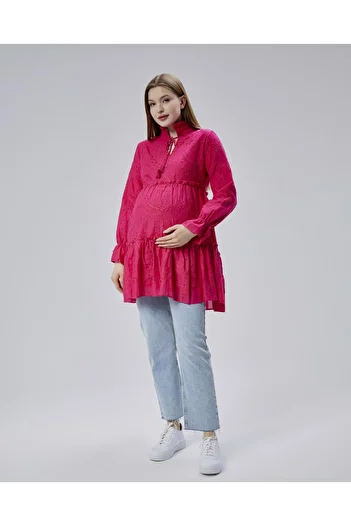 Işşıl Işşil 50877-Brode Frilly Judge Collar Maternity Shirt-Tunic