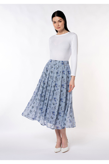 Guzella Premium Patterned Chiffon Denim Color Max-Midi (90cm) Length Pleated Skirt