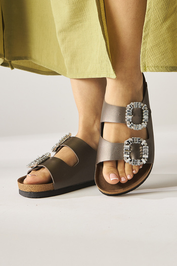 Limoya Brisa Platinum Double Banded Stone Buckle Detailed Slippers