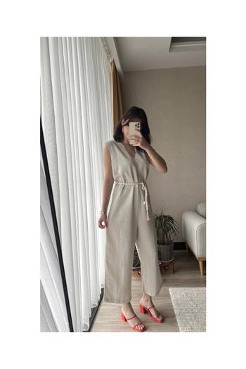 Lavanta Tekstil Linen Cream Belted Jumpsuit