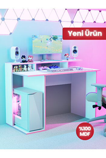 Detamob Beyaz Oyuncu Masası, %100 MDF, Profesyonel Gaming Oyuncu Masası, Pembe - Beyaz, 60x120cm