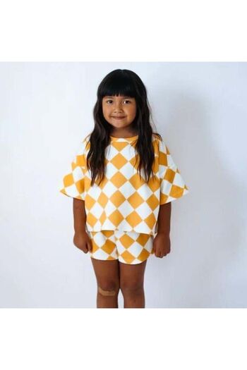 Lolliboomkids Girl's Oversize Plaid - Checker Patterned T-Shirt and Shorts 2-Piece Set 2-7 Years Old Summer Suit Yellow Color