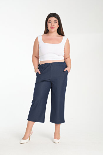 Gül Moda Silk Jeans Capri Plus Size Elastic Waist Navy Blue G117-1