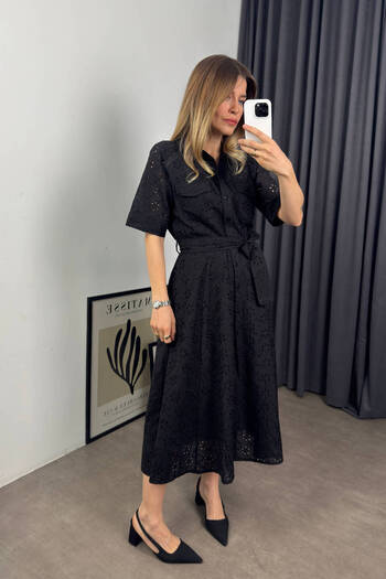 Sue Store Black Short Sleeve Lined Belted Pocket Scallop Shirt Dress