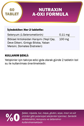 Nutraxin A-Oxi Formula Glutathione Resveratrol 60 Tablet Astaksantin Q-10 Çinko Bakır Selenyum