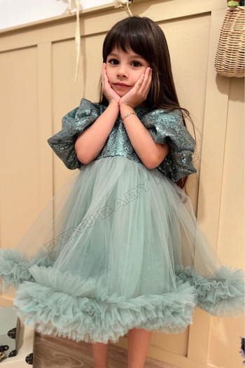 penu baby kids Green Sequined Balloon Sleeve Girl's Baby Girl Evening Dress with Grainy Tulle Skirt - Terra