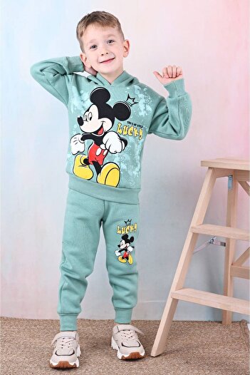 yagmurgiyim PJK3İ Σετ φόρμας για αγόρια με μοτίβο Mickey Mause Πράσινη 3 κλωστές με κουκούλα από 100% βαμβάκι 3-10