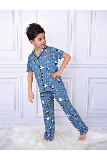 Yağmur Giyim Set pijama cu mânecă scurtă albastră cu motiv Mickey pentru băiat 4-12 ani