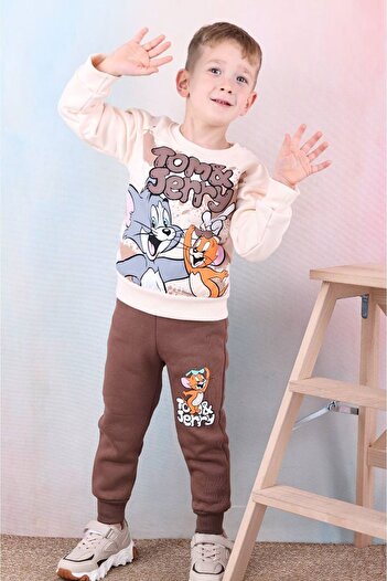 yagmurgiyim PJK3İ Tom & Jerry με μοτίβο καφέ 3 κλωστές ράστερ 100% βαμβακερό σετ φόρμας για αγόρια 3-10 ετών 739