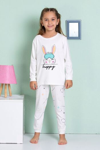 yagmurgiyim Elmp Ecru Rabbit Patterned 100% Cotton Girl's Pajamas Set 1-13 Years 4069