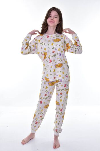 yagmurgiyim Ecru Butterfly Print Pajamas Set for Girls - 100% Cotton, 3-12 Years, 21242-E