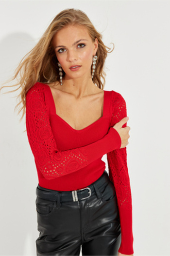 Cool & Sexy Women's Red Heart Collar Openwork Knitwear Blouse SMT217