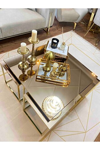 home plus mobilya Lizbon 5'li Gold Kaplama Bronz Aynalı Orta Sehpa & Zigon Sehpa & Yan Sehpa & Bohem Sehpa Takımı