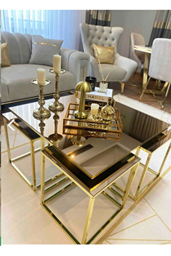 MYDECO Madrid 5'li Gold Kaplama Bronz Aynalı Orta Sehpa & Zigon Sehpa & Yan Sehpa & Bohem Sehpa Takımı