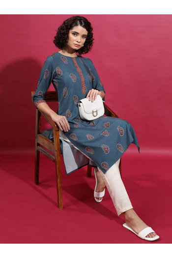Vishudh By Styli Blue Printed Flared Sleeves Kurta for Women