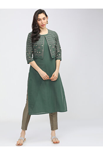 Vishudh By Styli Women Green Printed Kurta With Jacket