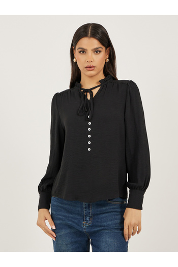 Styli Black Solid Long Sleeve Blouse