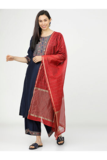Vishudh By Styli Women Navy Blue & Red Printed Cotton Kurta Set with Dupatta