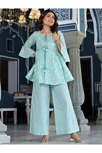 Vishudh By Styli Women Blue Printed Cotton Kurta & Palazzo Set