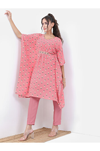 Vishudh By Styli Pink Floral Printed Kaftan Set with Trousers
