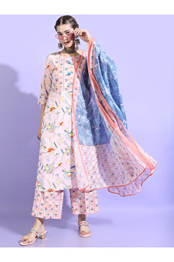 Vishudh By Styli Women Floral Cotton Kurta Set with Blue Dupatta
