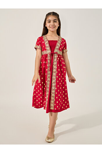 Styli Embroidered Short Sleeve Kimono with Smocked Inner Dress Set