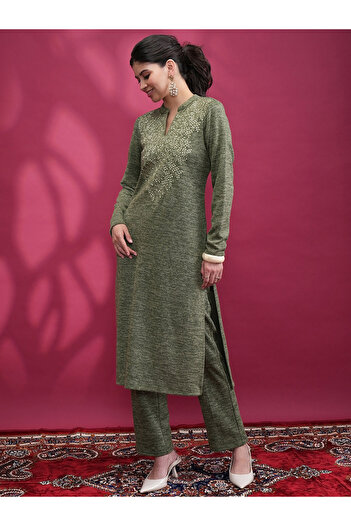 Vishudh By Styli Women Green Embroidered Kurta and Trouser Set