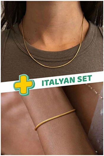 The Collection Unisex Gold Tarnish Stainless Guaranteed Italian Steel Snake Necklace Bracelet Set