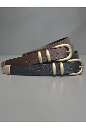Kemerix 100% Genuine Leather Antique Coated Suit Buckle Black-Bitter Brown 2-Piece Belt Set