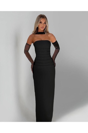 Diviny Women's Black Strapless Gloves and Scarf Long Wrap Dress