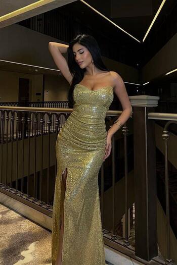 Mossta Sweetheart Neckline Slit Sequined Evening Dress Gold