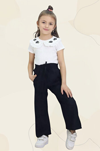 Balbadem baby kids Trend Girl's Combination - Floral Embroidered T-Shirt and Modern Pantalon Set (Cream-Signal) - 3-4-5-6-7 Years