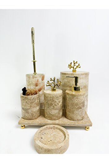 Modestmar Round Travertine Bathroom Set 7 Pieces with Gold Coral Accessories
