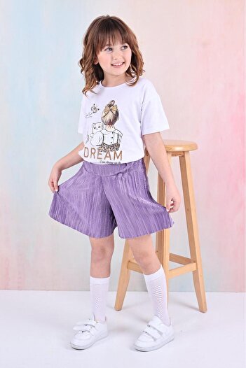 Şekerkids Girl's Cotton Fabric White-Purple Color Shorts Skirt Double Set