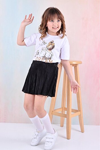 Şekerkids Girl's Cotton Fabric White-Black Color Shorts and Skirt Double Set