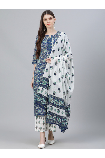 Libas By Styli All-Over Print Straight Kurta and Palazzo with Solid Dupatta Set
