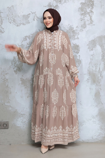 Neva Style Floral Patterned Mink Hijab Dress 18242V