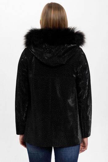 Deriderim Black Casper Printed Hooded Women's Genuine Leather Coat