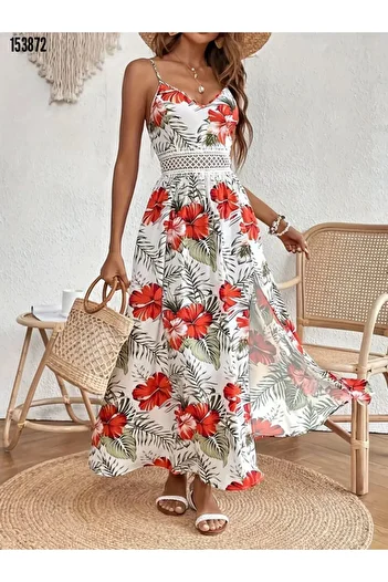 moda wanilia Women's Rope Strap Laced Floral Patterned Slit Long Summer Single Jersey Dress