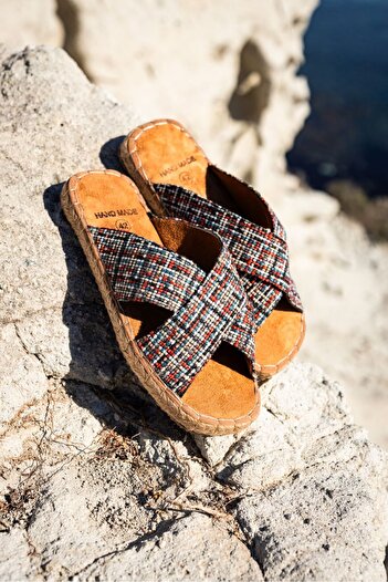 by selvi Lukka Shoes Zeta Red Striped Cross Linen Men's Slippers
