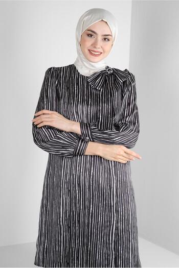 Alvina STRIPED COLLAR BOW DETAIL SATIN TUNIC 43738