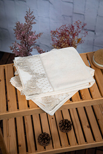 FAVORA 100% Cotton Pearl Laced Dowry Set of 2 Towels 50X90 - Cream