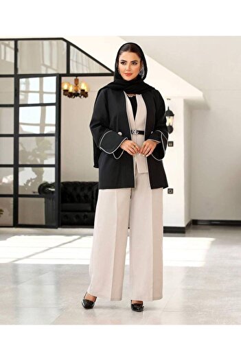 zümrüt moda Belted Piping Detailed Blazer Jacket, Vest, Belt and Trousers, Four-Piece Suit 1722