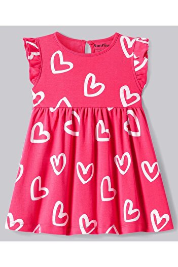 Bonfino Cotton Knit Frill Sleeves Frock with Heart Print - Red