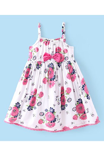 Babyhug Poplin Sleeveless Floral Printed Frock with Bow - White